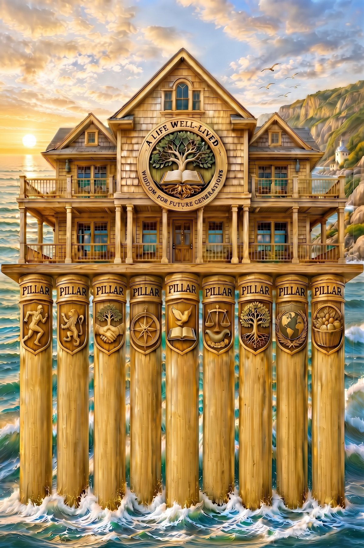 A timber house standing on nine carved wooden pillars in the sea at sunset